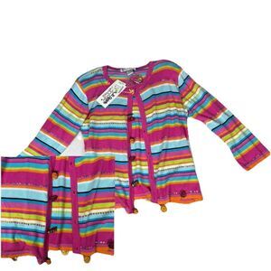 Y2K Fruit Charm Beaded Cardigan Striped Colorful Kitsch Sweater M NWT Deadstock